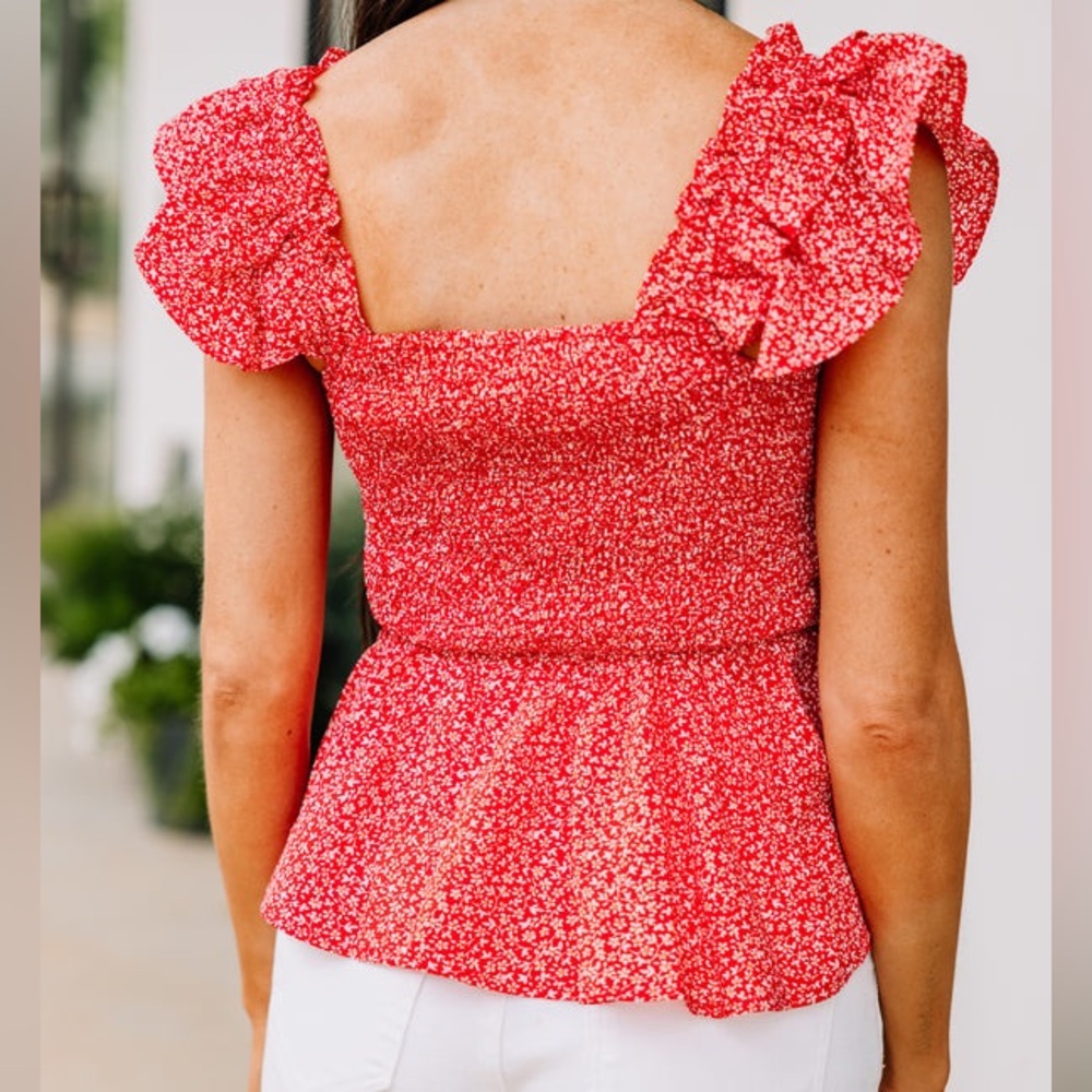 Red Square Neck Ruffled Floral Patterned Top - image 4